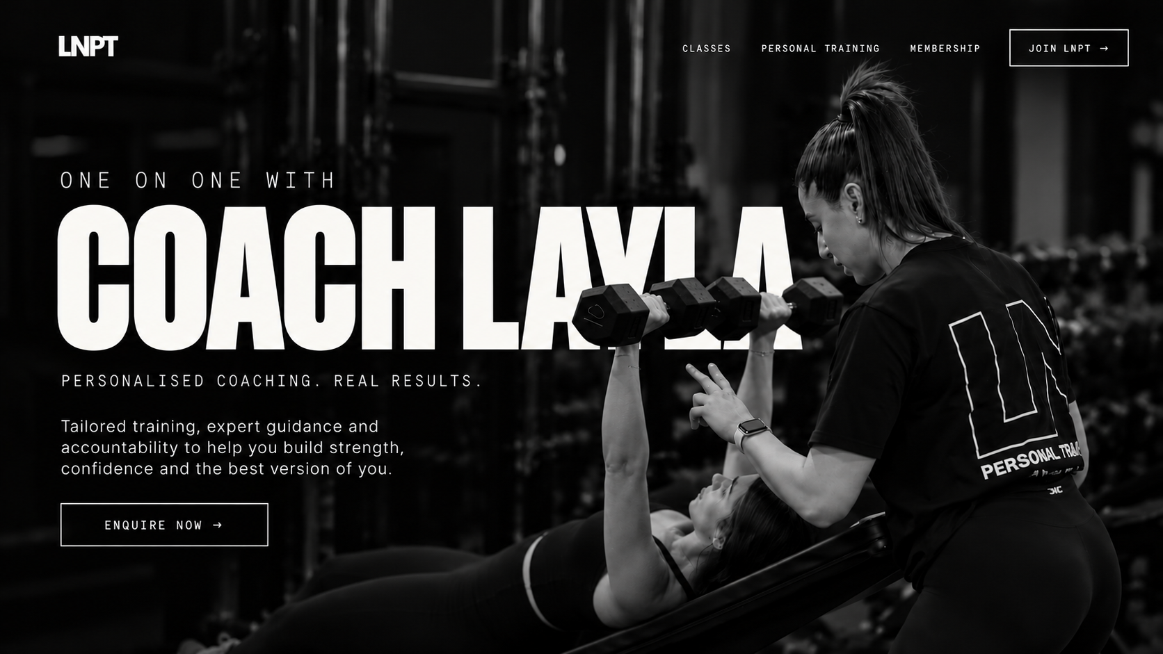 Black-and-white LNPT banner showing Coach Layla coaching a client through an incline dumbbell press, with the words COACH LAYLA and PERSONALISED COACHING. REAL RESULTS.