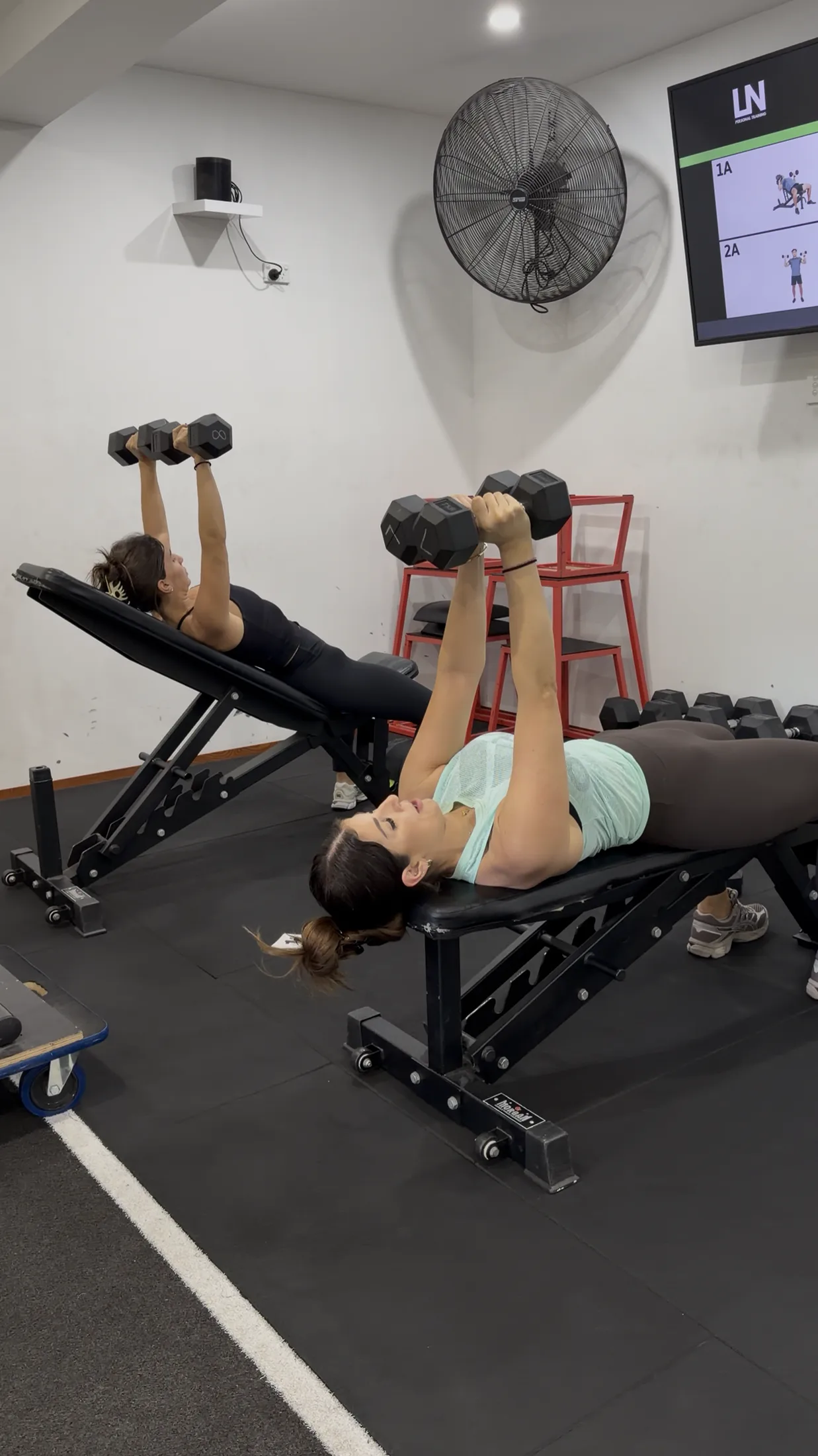 Two women perform dumbbell presses on incline benches during an LNPT training session.
