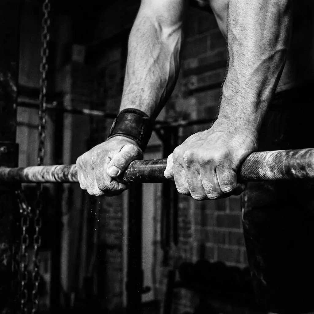 Illustrative image of a chalked grip on a pull-up bar